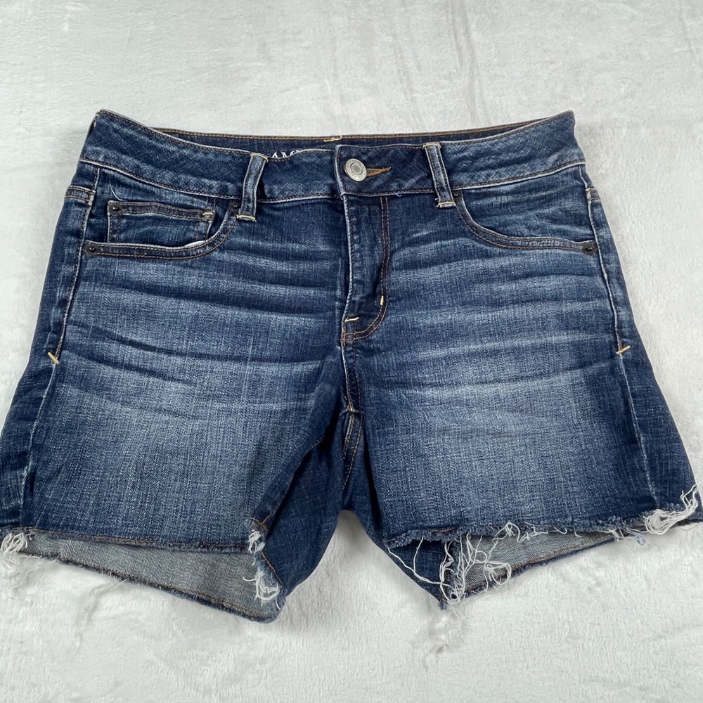 American Eagle Super Stretch Dark Wash Raw Hem Denim Shorts Womens 8 Cutoff